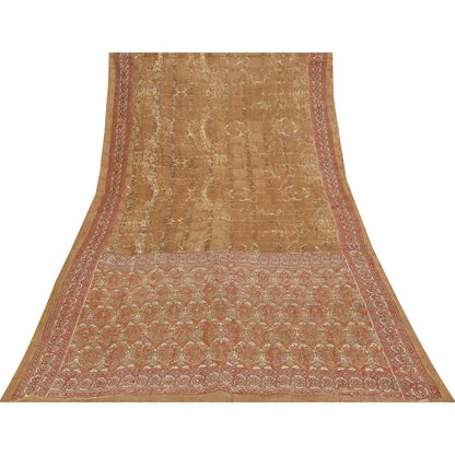 Sanskriti Vintage Brown & Cream Sarees Cotton Silk Hand Beaded Craft Fabric Sari