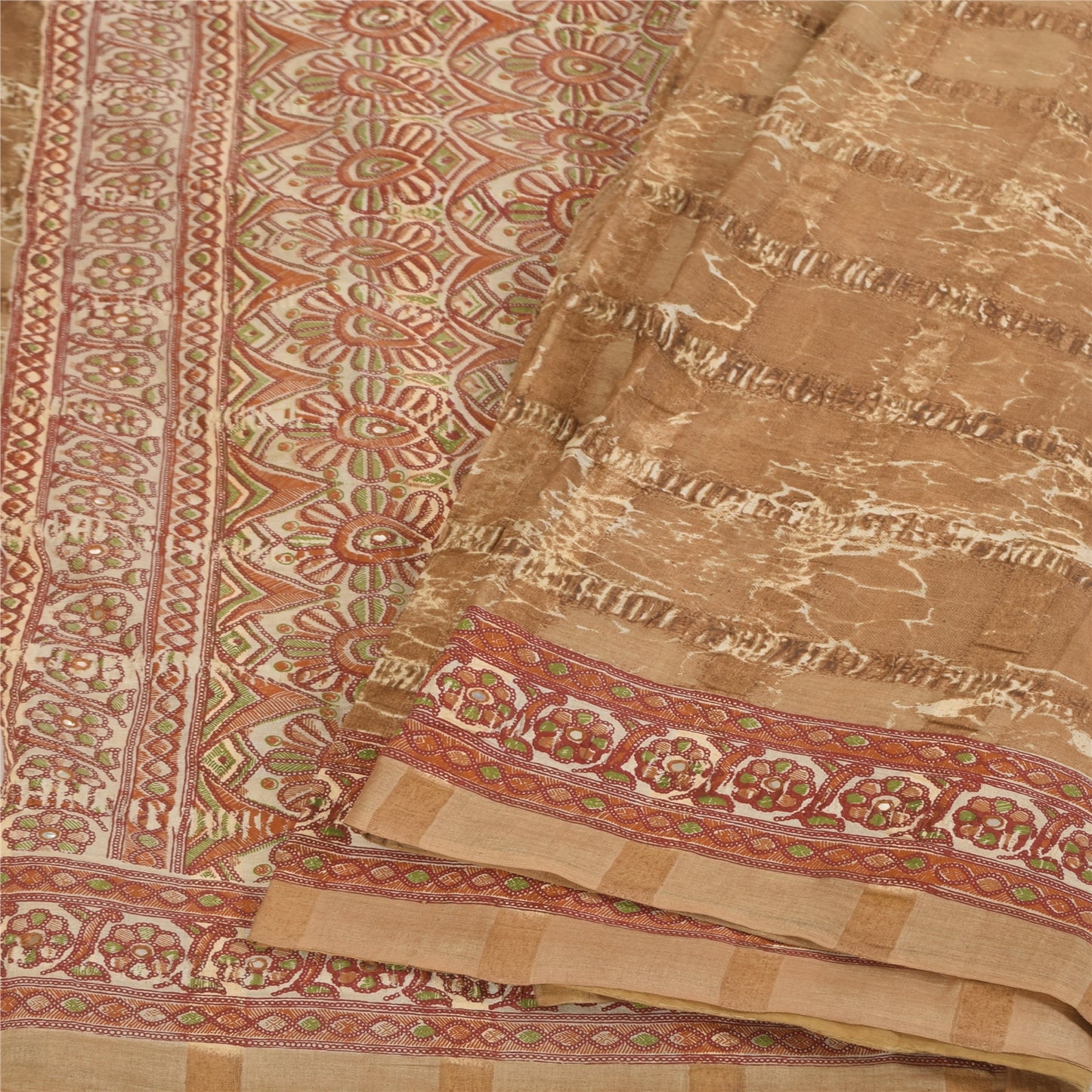 Sanskriti Vintage Brown & Cream Sarees Cotton Silk Hand Beaded Craft Fabric Sari