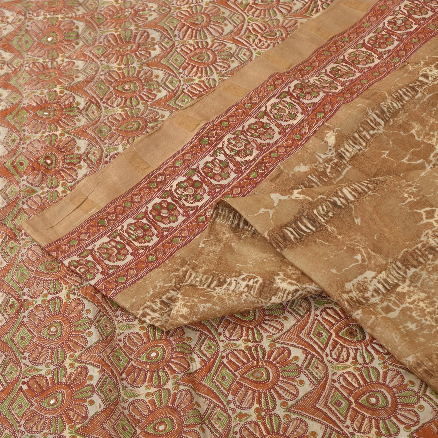 Sanskriti Vintage Brown & Cream Sarees Cotton Silk Hand Beaded Craft Fabric Sari
