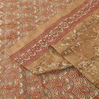 Sanskriti Vintage Brown & Cream Sarees Cotton Silk Hand Beaded Craft Fabric Sari