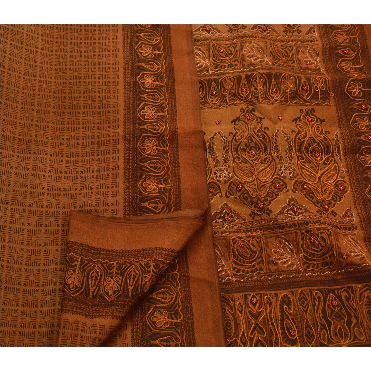 Sanskriti Vintage Brown Sarees Art Silk Hand Beaded Craft Fabric Premium Sari