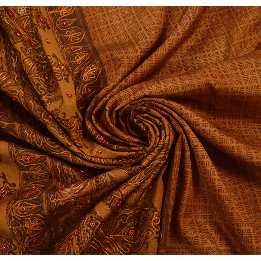 Sanskriti Vintage Brown Sarees Art Silk Hand Beaded Craft Fabric Premium Sari