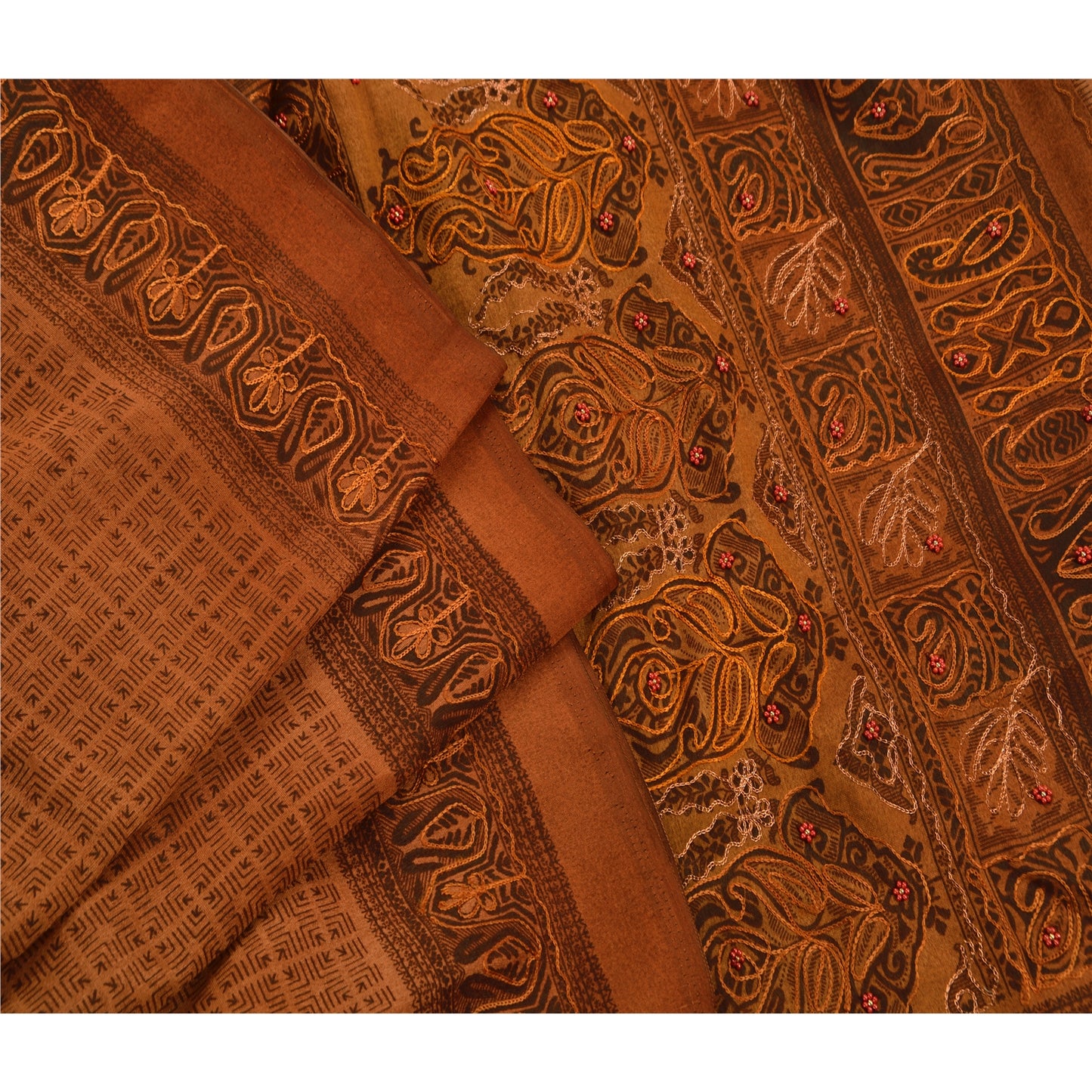 Sanskriti Vintage Brown Sarees Art Silk Hand Beaded Craft Fabric Premium Sari