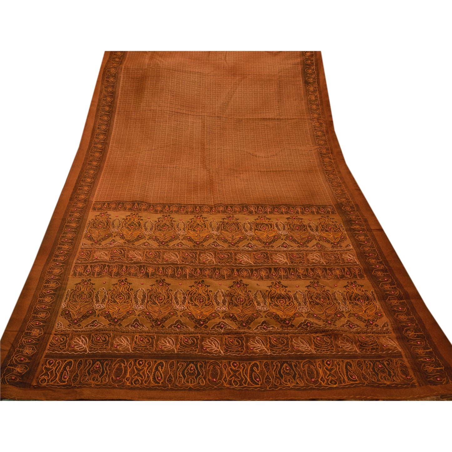 Sanskriti Vintage Brown Sarees Art Silk Hand Beaded Craft Fabric Premium Sari