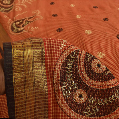 Sanskriti Vintage Dark Red Sarees Pure Cotton Embroidered Woven 5+YD Fabric Sari