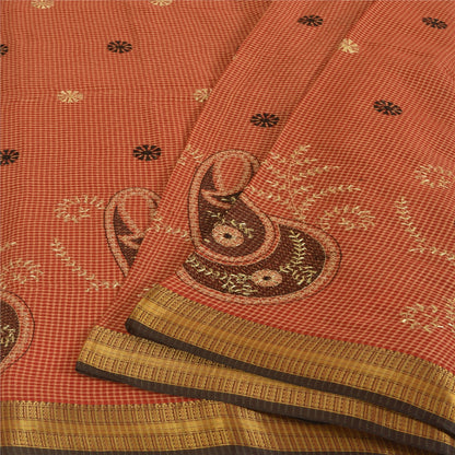 Sanskriti Vintage Dark Red Sarees Pure Cotton Embroidered Woven 5+YD Fabric Sari