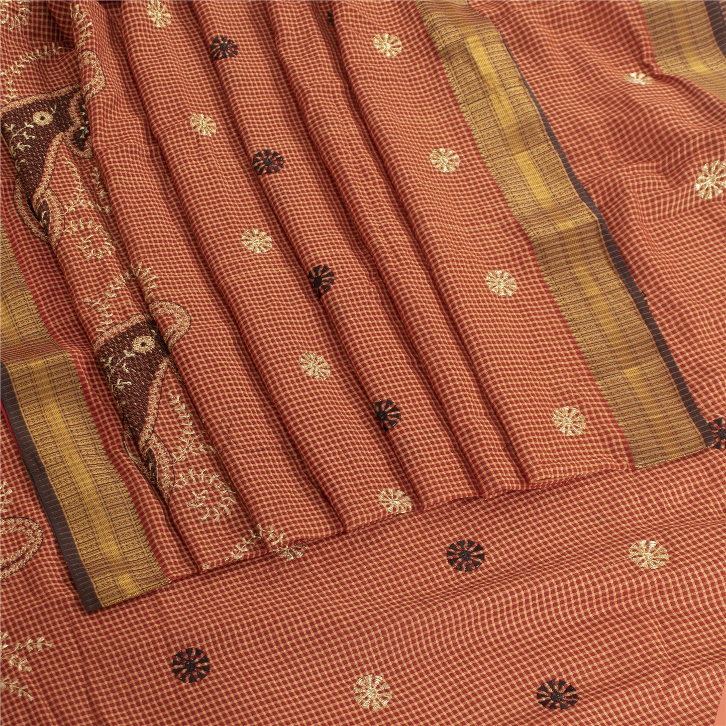 Sanskriti Vintage Dark Red Sarees Pure Cotton Embroidered Woven 5+YD Fabric Sari