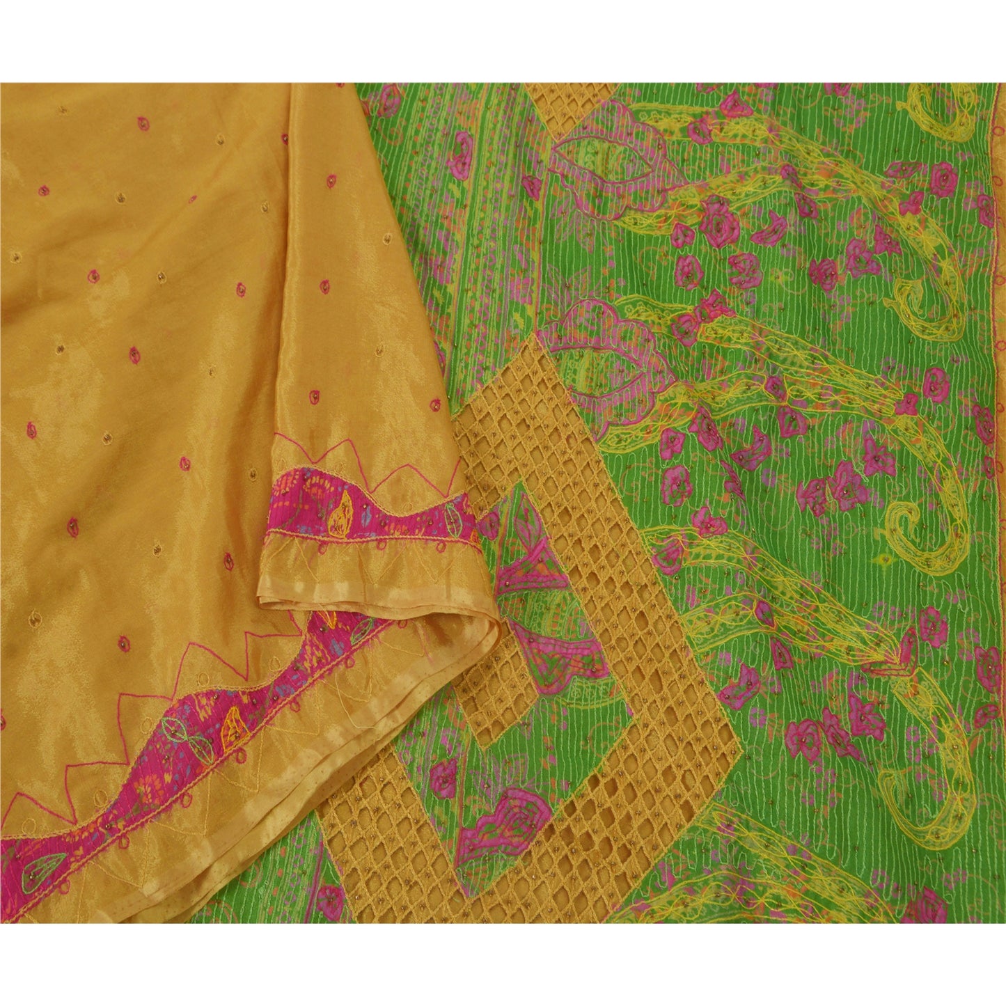 Sanskriti Vintage Yellow Sarees Art Silk Hand Beaded Fabric Craft Printed Sari