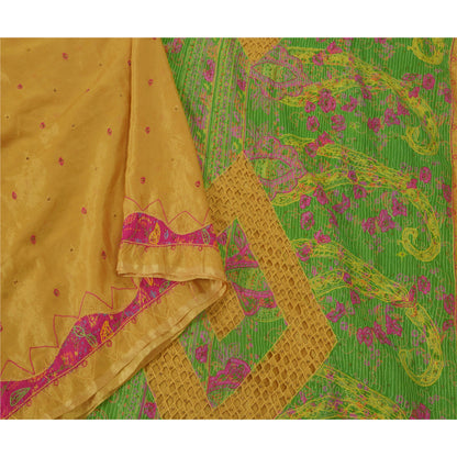 Sanskriti Vintage Yellow Sarees Art Silk Hand Beaded Fabric Craft Printed Sari