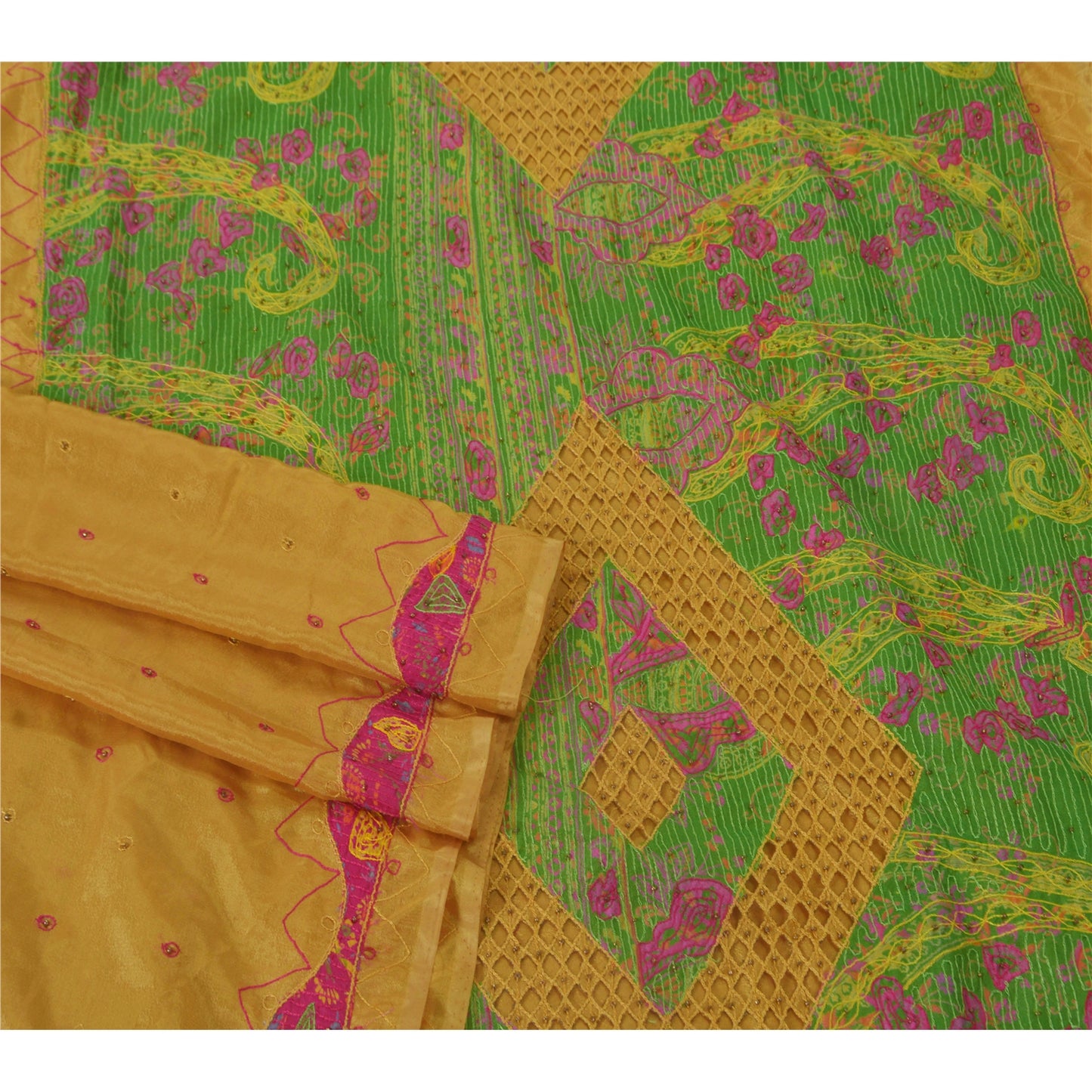 Sanskriti Vintage Yellow Sarees Art Silk Hand Beaded Fabric Craft Printed Sari