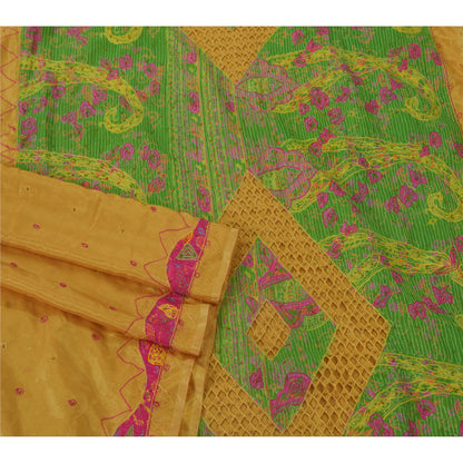 Sanskriti Vintage Yellow Sarees Art Silk Hand Beaded Fabric Craft Printed Sari