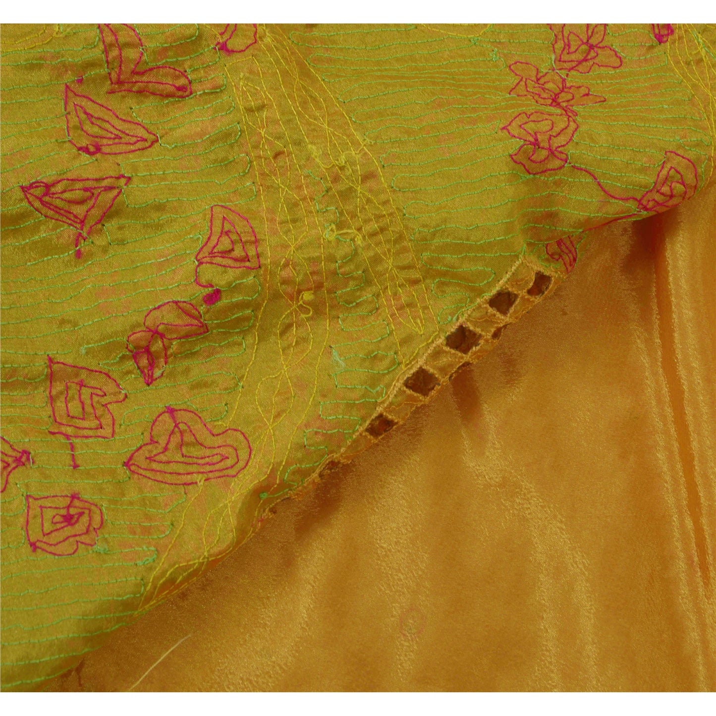 Sanskriti Vintage Yellow Sarees Art Silk Hand Beaded Fabric Craft Printed Sari