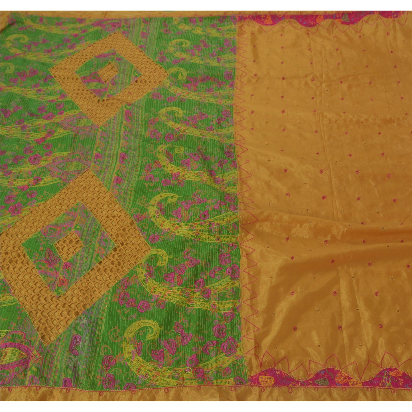 Sanskriti Vintage Yellow Sarees Art Silk Hand Beaded Fabric Craft Printed Sari