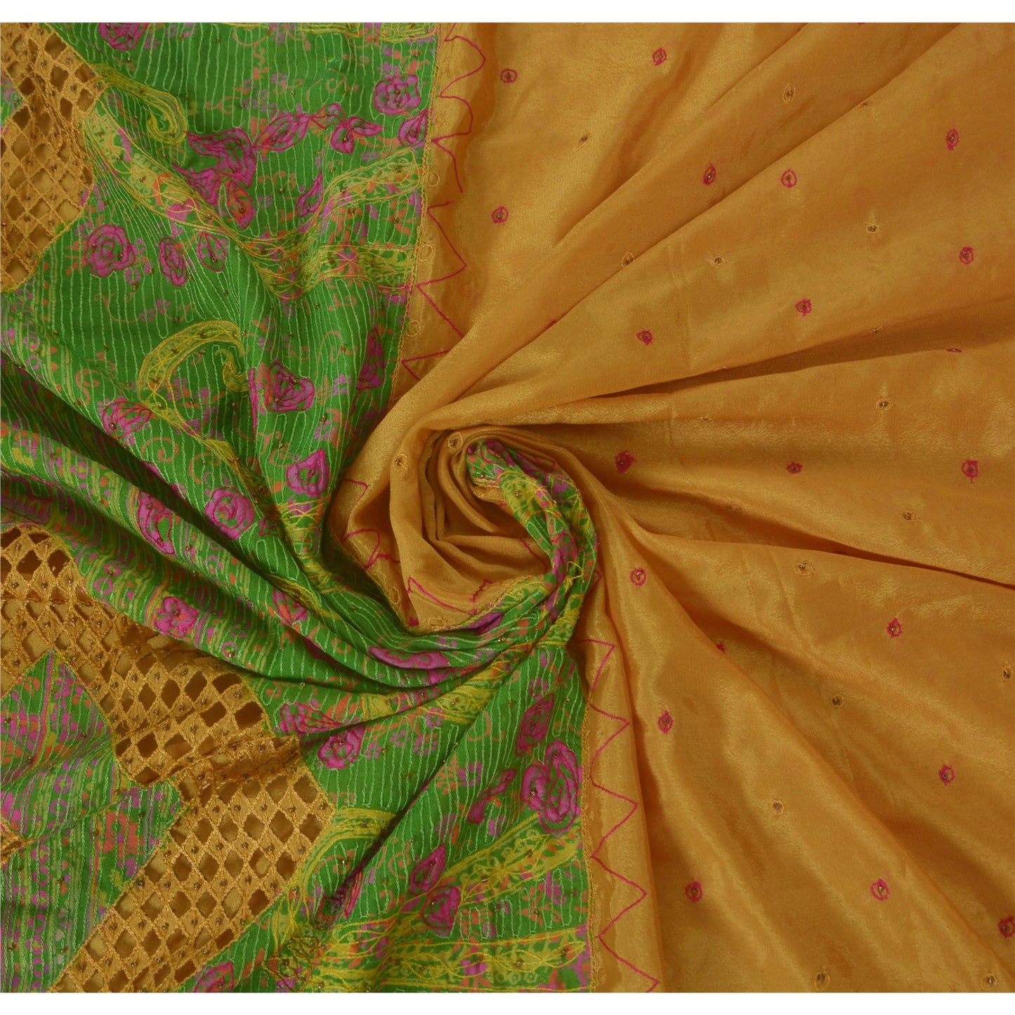 Sanskriti Vintage Yellow Sarees Art Silk Hand Beaded Fabric Craft Printed Sari