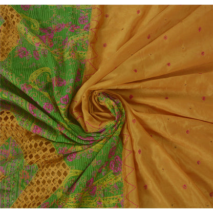 Sanskriti Vintage Yellow Sarees Art Silk Hand Beaded Fabric Craft Printed Sari