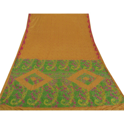Sanskriti Vintage Yellow Sarees Art Silk Hand Beaded Fabric Craft Printed Sari