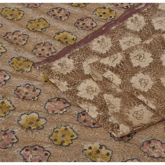 Sanskriti Vintage Brown Sarees Net Mesh Hand Beaded Woven Sari 5yrd Craft Fabric