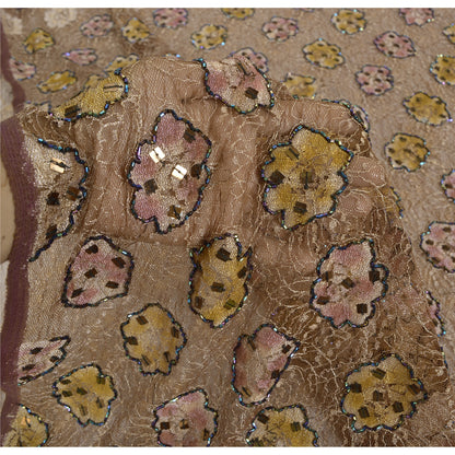 Sanskriti Vintage Brown Sarees Net Mesh Hand Beaded Woven Sari 5yrd Craft Fabric