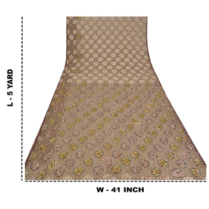 Sanskriti Vintage Brown Sarees Net Mesh Hand Beaded Woven Sari 5yrd Craft Fabric