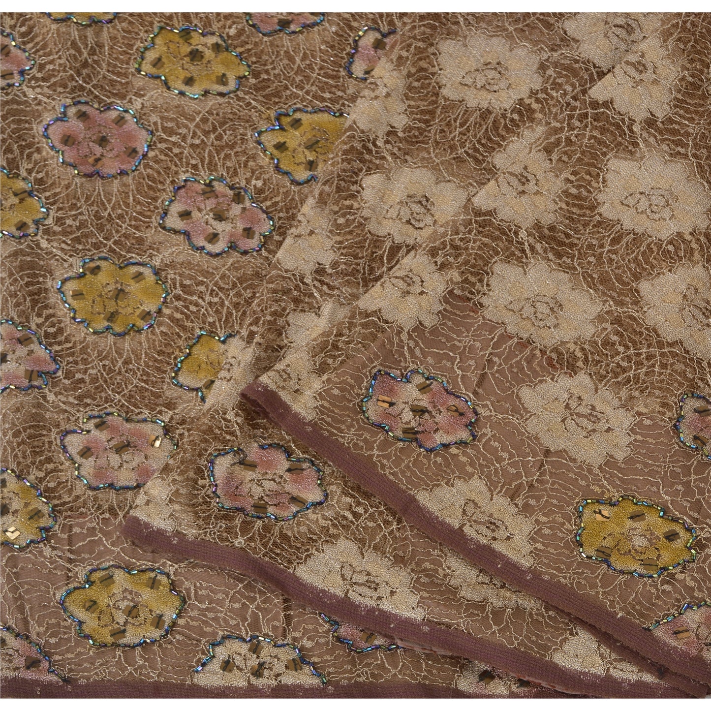 Sanskriti Vintage Brown Sarees Net Mesh Hand Beaded Woven Sari 5yrd Craft Fabric