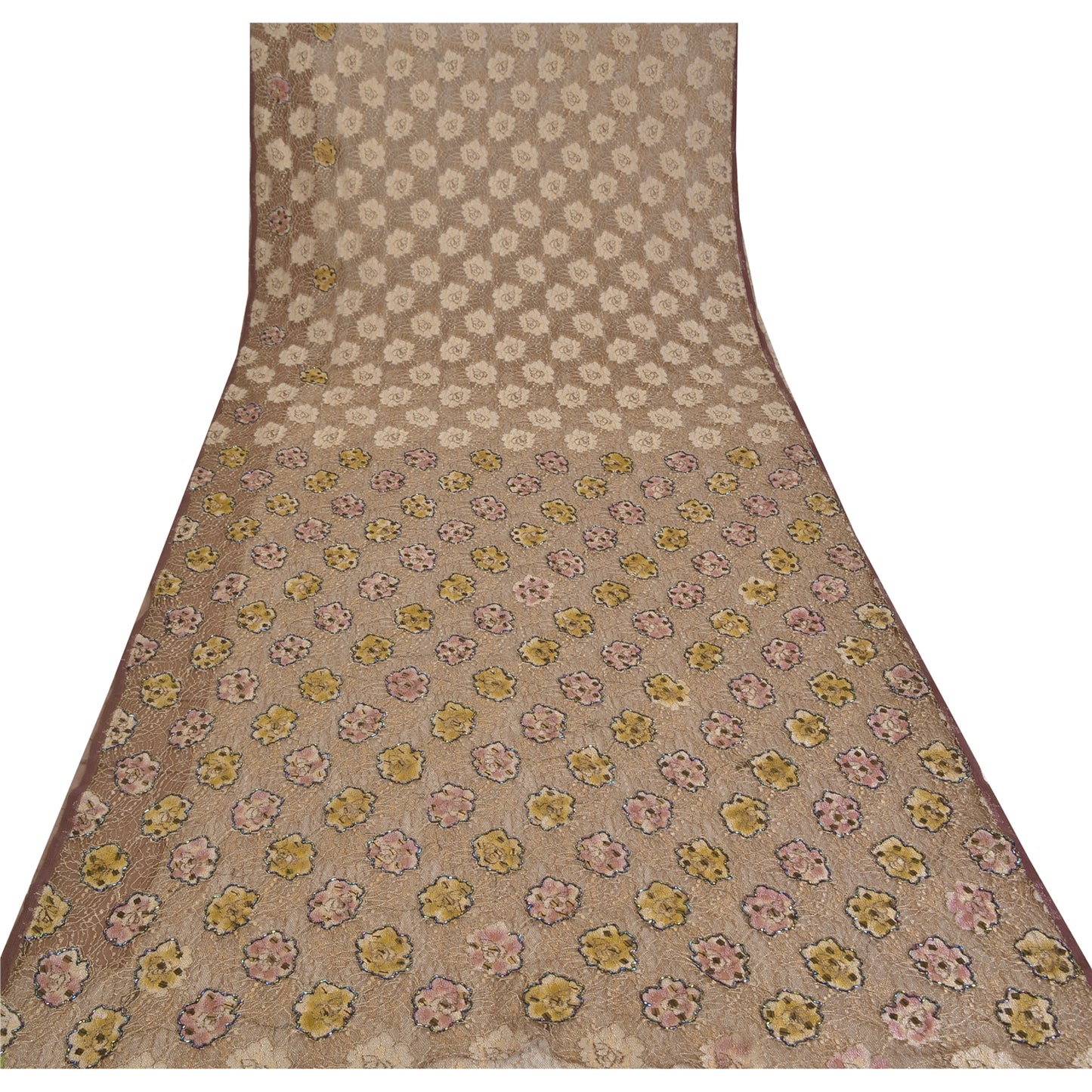 Sanskriti Vintage Brown Sarees Net Mesh Hand Beaded Woven Sari 5yrd Craft Fabric