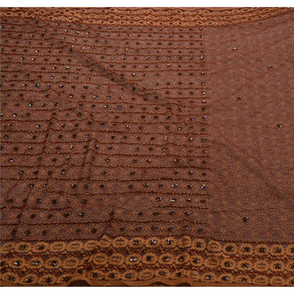 Sanskriti Vintage Dark Red Sarees Net Mesh Hand Beaded Woven Craft Fabric Sari