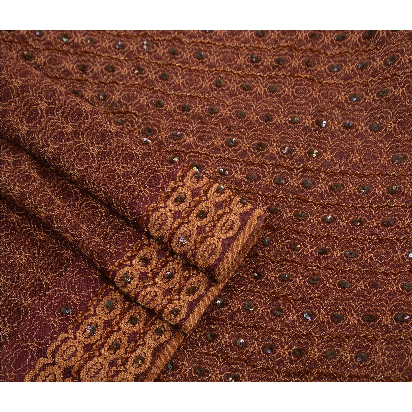 Sanskriti Vintage Dark Red Sarees Net Mesh Hand Beaded Woven Craft Fabric Sari