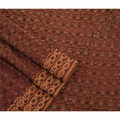 Sanskriti Vintage Dark Red Sarees Net Mesh Hand Beaded Woven Craft Fabric Sari