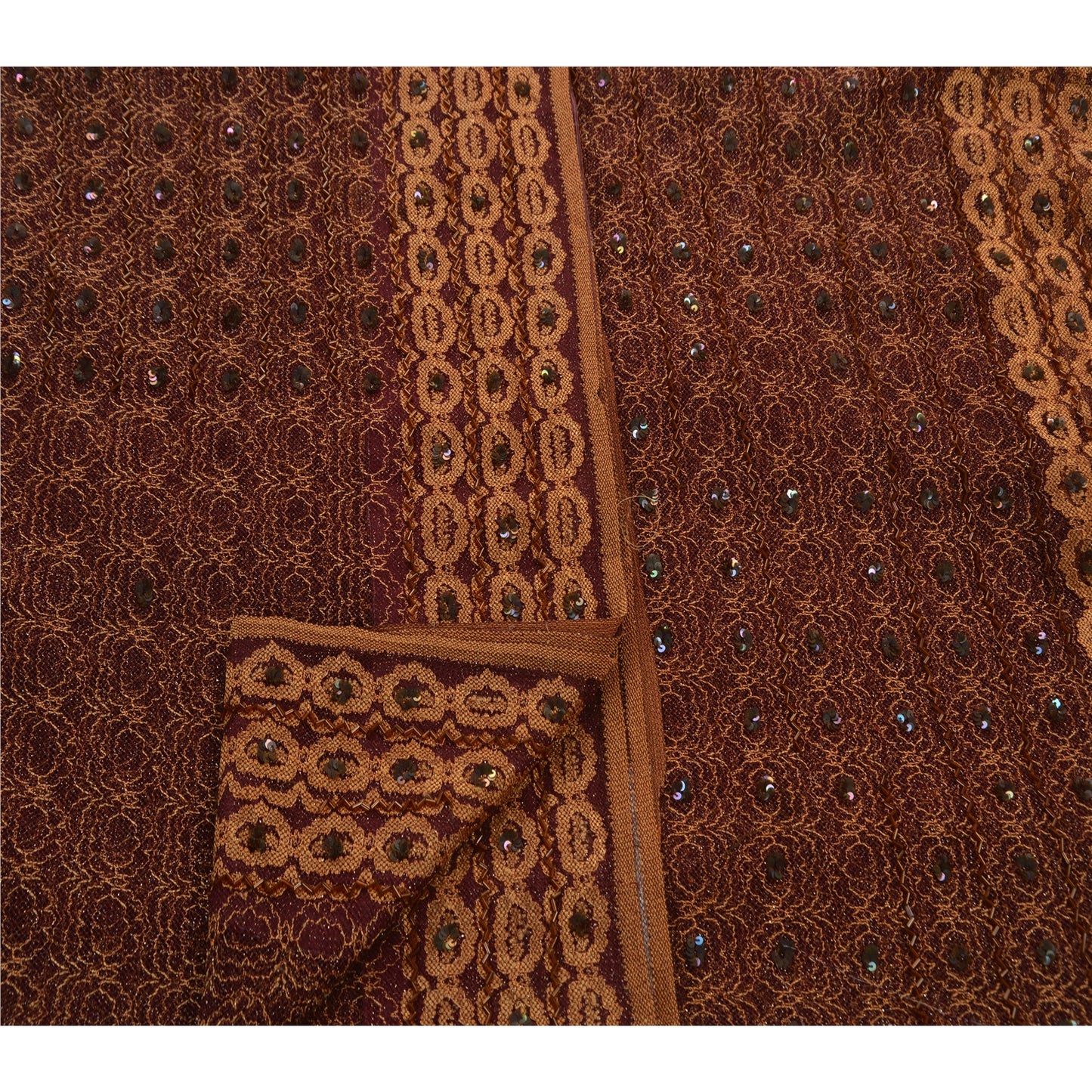 Sanskriti Vintage Dark Red Sarees Net Mesh Hand Beaded Woven Craft Fabric Sari
