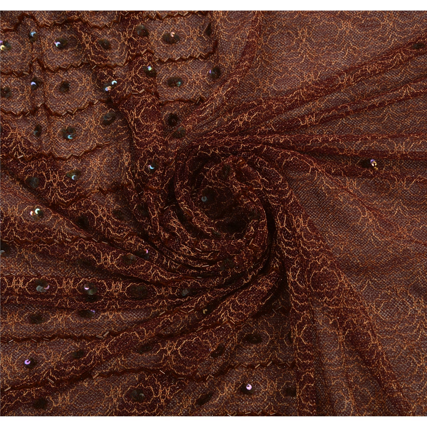 Sanskriti Vintage Dark Red Sarees Net Mesh Hand Beaded Woven Craft Fabric Sari