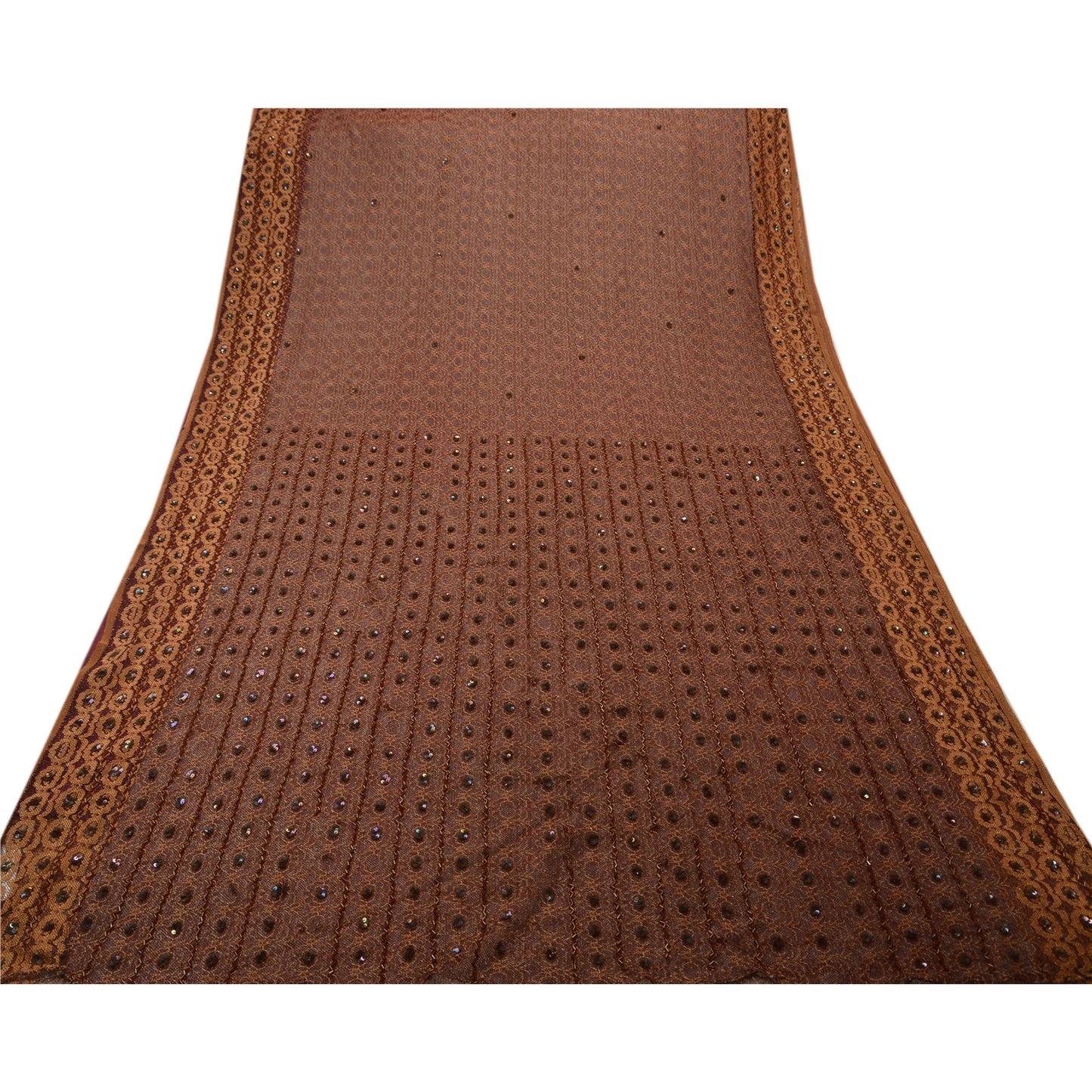 Sanskriti Vintage Dark Red Sarees Net Mesh Hand Beaded Woven Craft Fabric Sari