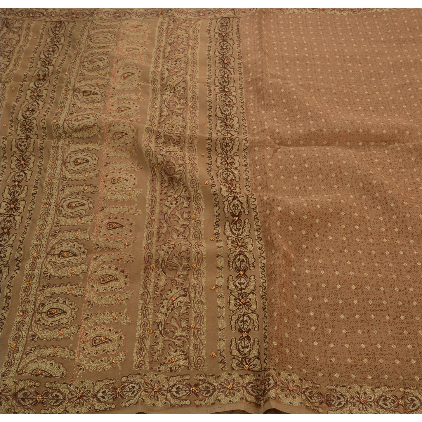 Sanskriti Vintage Brown Sarees Cotton Hand Beaded Painted Craft Fabric Sari