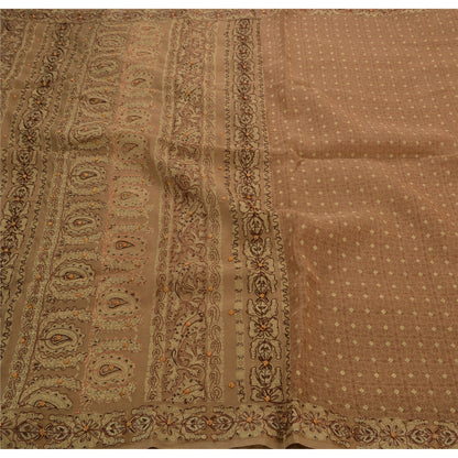 Sanskriti Vintage Brown Sarees Cotton Hand Beaded Painted Craft Fabric Sari