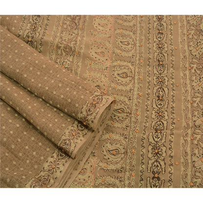 Sanskriti Vintage Brown Sarees Cotton Hand Beaded Painted Craft Fabric Sari
