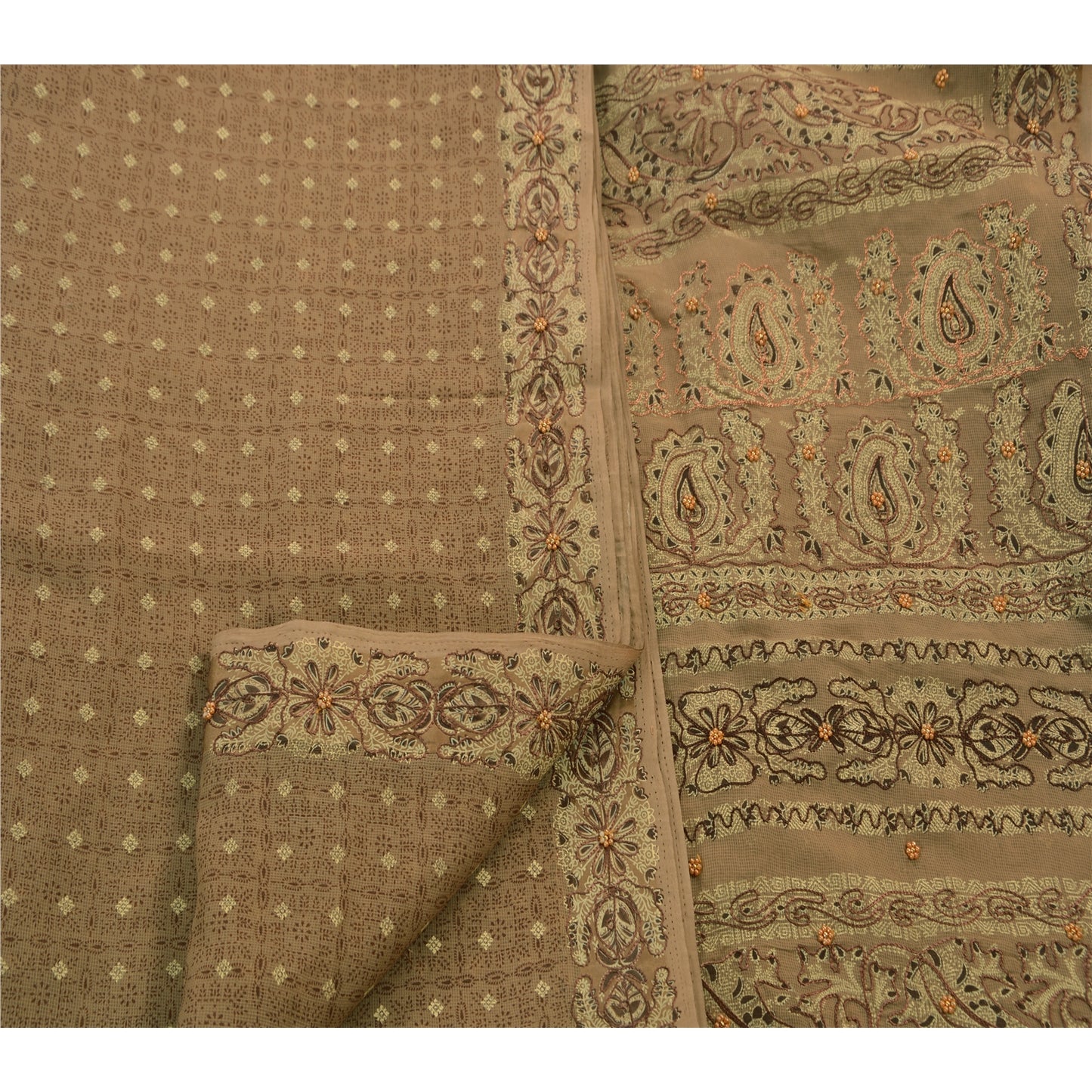 Sanskriti Vintage Brown Sarees Cotton Hand Beaded Painted Craft Fabric Sari