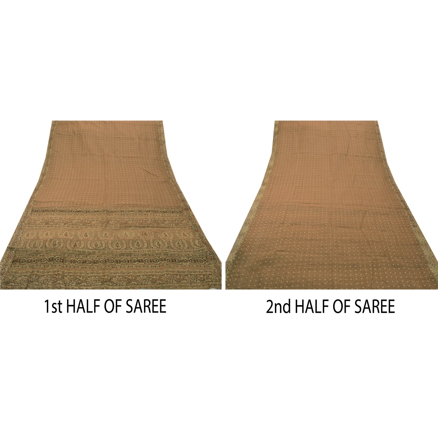 Sanskriti Vintage Brown Sarees Cotton Hand Beaded Painted Craft Fabric Sari