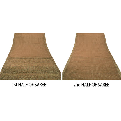 Sanskriti Vintage Brown Sarees Cotton Hand Beaded Painted Craft Fabric Sari