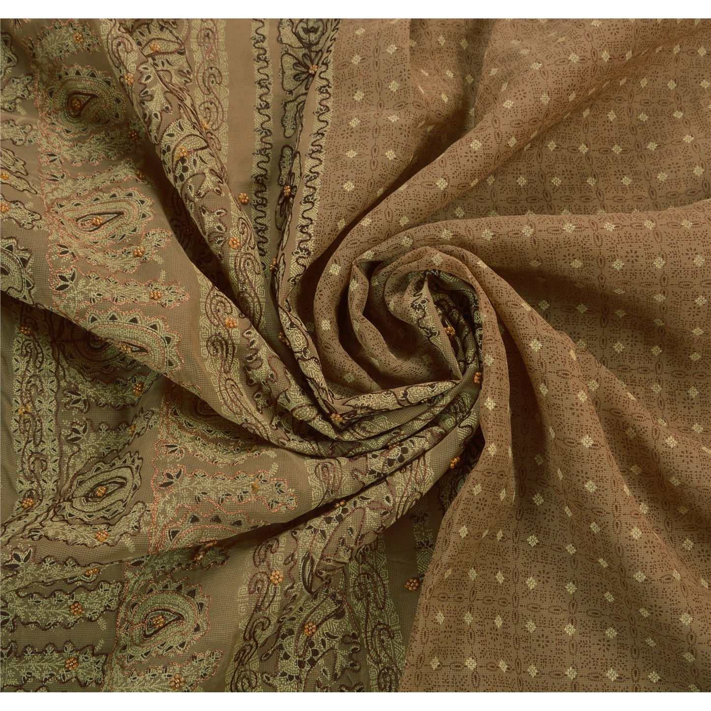 Sanskriti Vintage Brown Sarees Cotton Hand Beaded Painted Craft Fabric Sari