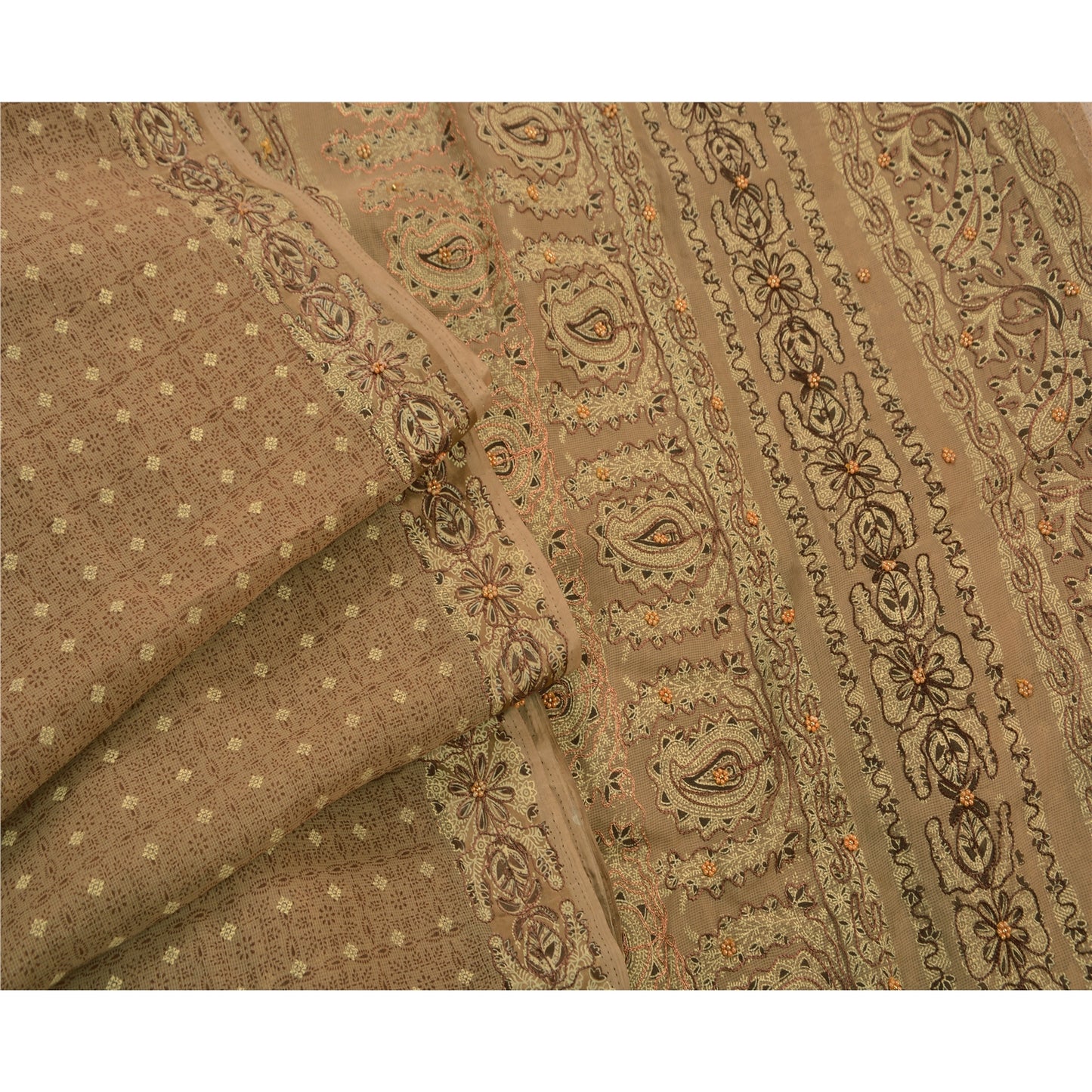 Sanskriti Vintage Brown Sarees Cotton Hand Beaded Painted Craft Fabric Sari