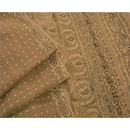 Sanskriti Vintage Brown Sarees Cotton Hand Beaded Painted Craft Fabric Sari
