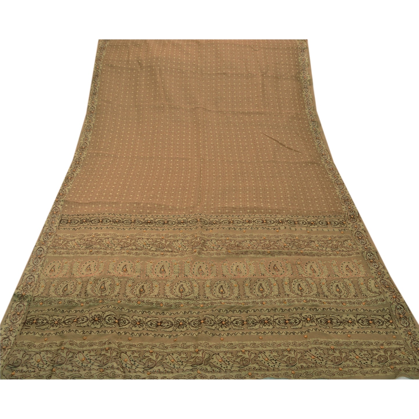 Sanskriti Vintage Brown Sarees Cotton Hand Beaded Painted Craft Fabric Sari