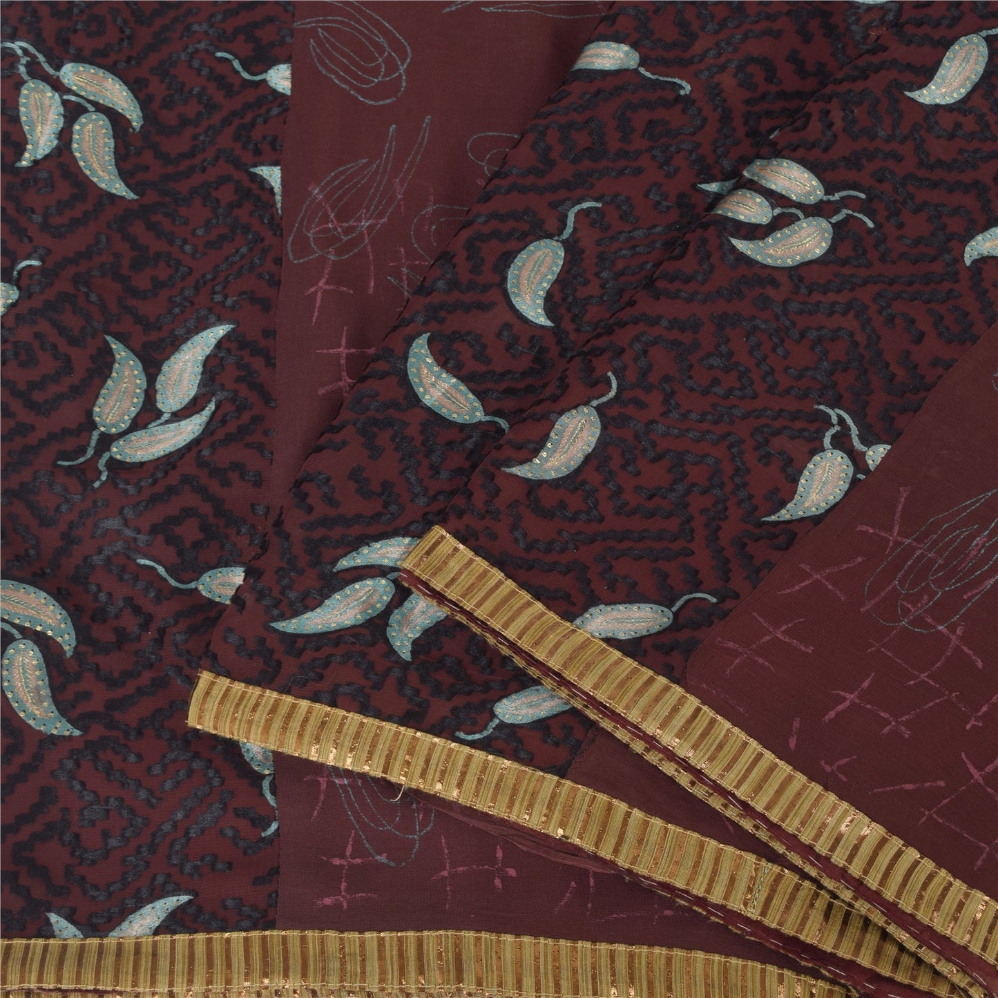 Sanskriti Vintage Burgundy Sarees Georgette Hand Embroidery Print Fabric 5+ySari