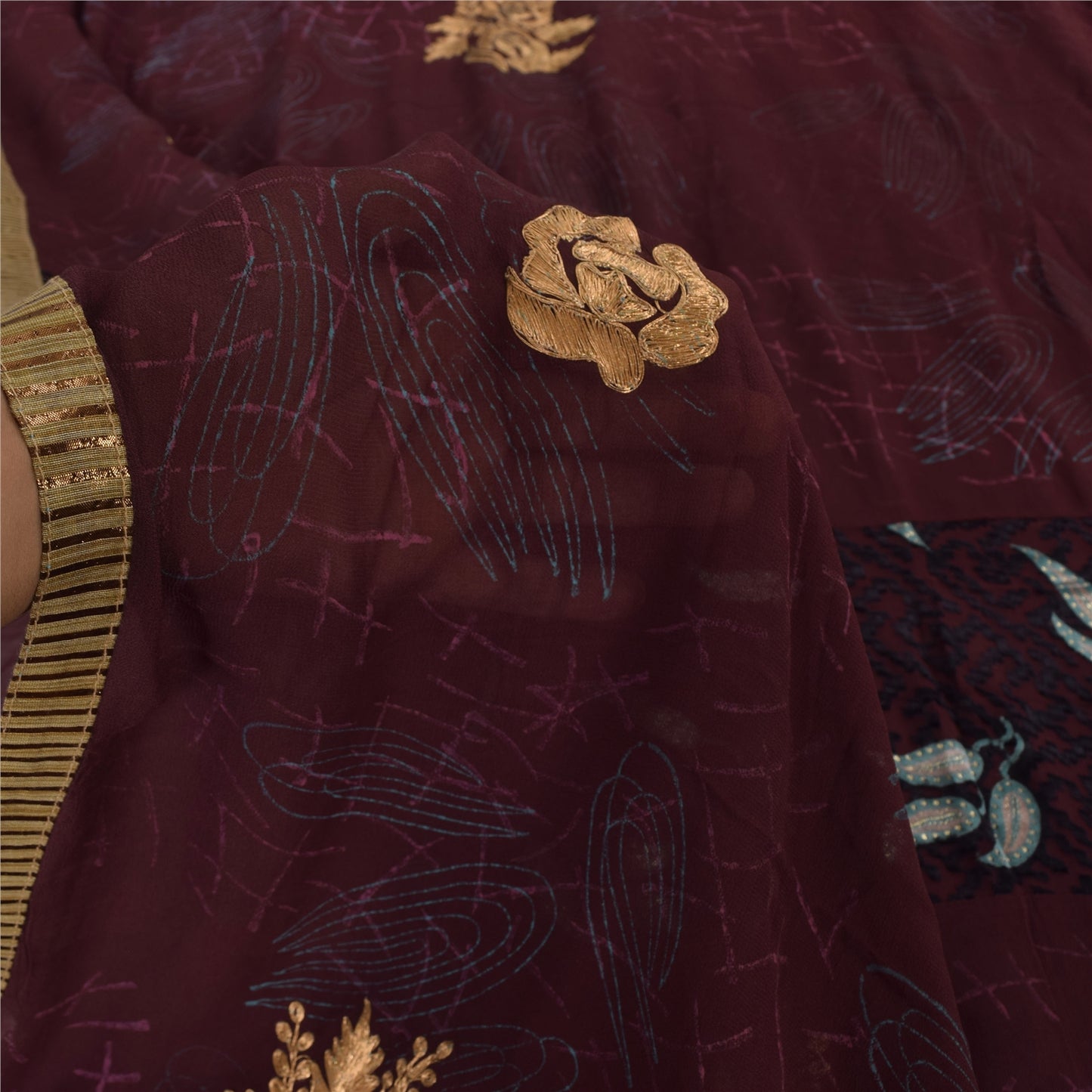 Sanskriti Vintage Burgundy Sarees Georgette Hand Embroidery Print Fabric 5+ySari