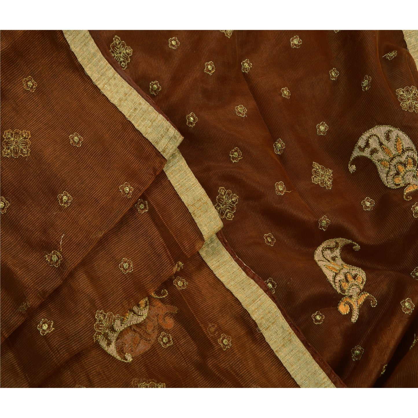 Sanskriti Vintage Indian Sari Art Silk Embroidered Brown Craft Fabric Sarees