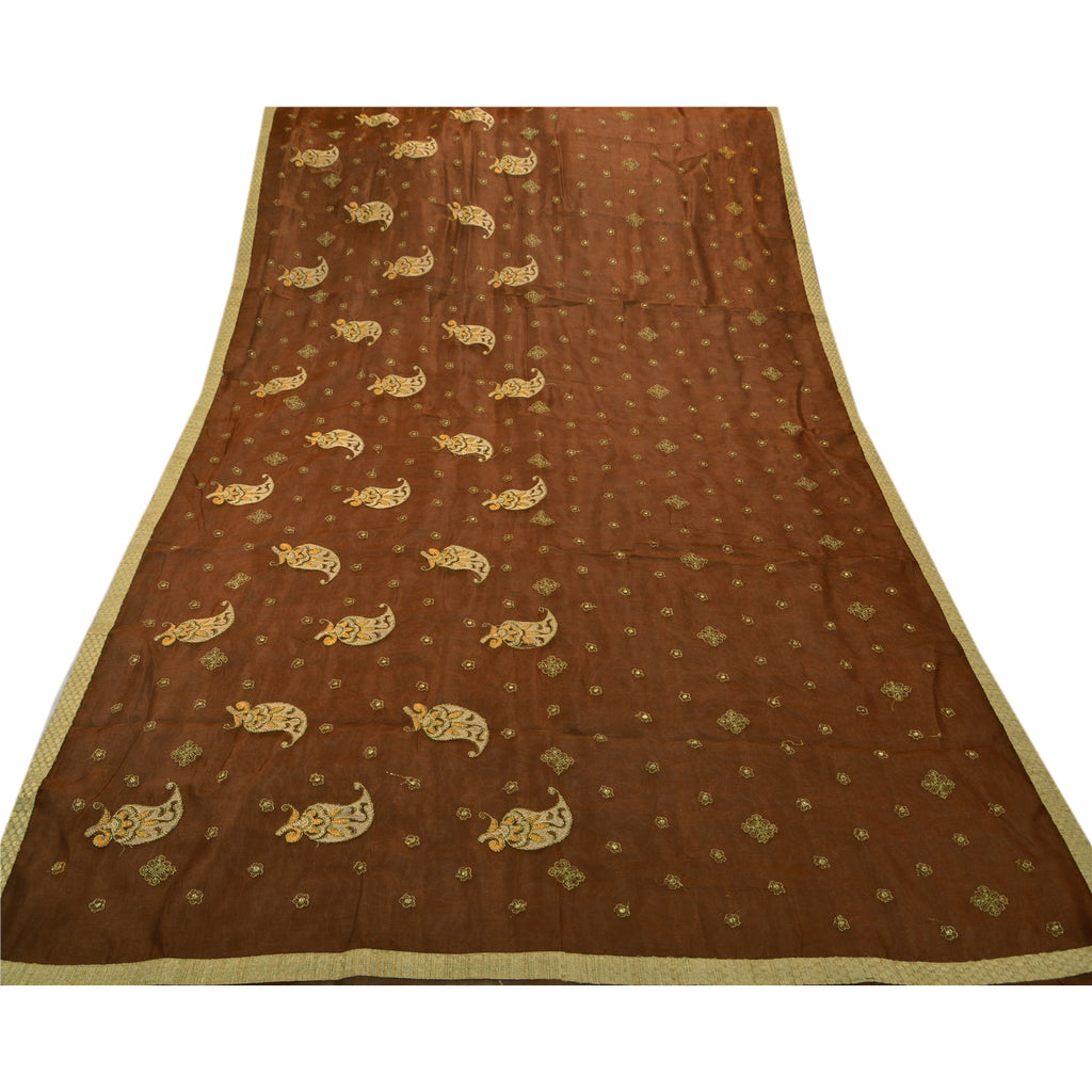 Sanskriti Vintage Indian Sari Art Silk Embroidered Brown Craft Fabric Sarees