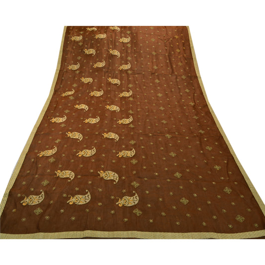 Sanskriti Vintage Indian Sari Art Silk Embroidered Brown Craft Fabric Sarees