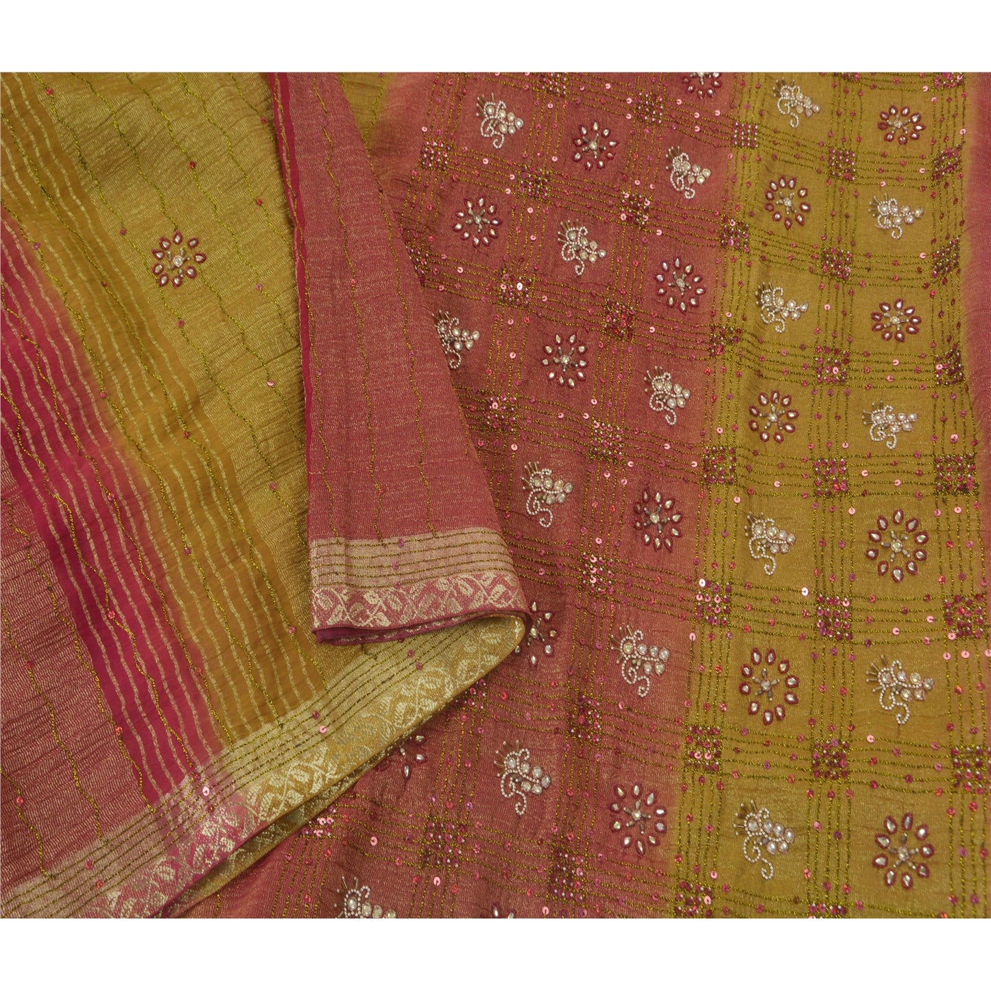 Sanskriti Vintage Green Sarees Georgette Hand Beaded Woven Craft Fabric Sari
