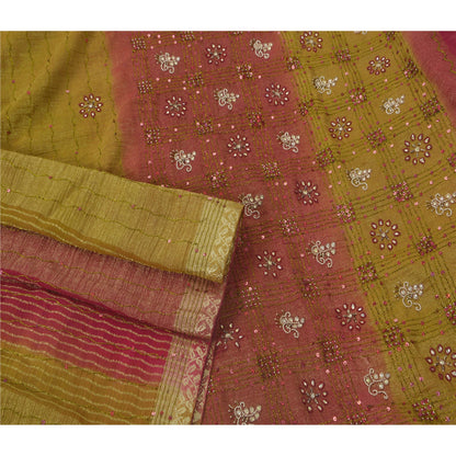 Sanskriti Vintage Green Sarees Georgette Hand Beaded Woven Craft Fabric Sari