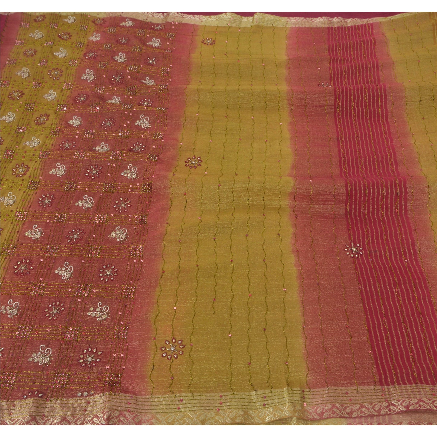 Sanskriti Vintage Green Sarees Georgette Hand Beaded Woven Craft Fabric Sari