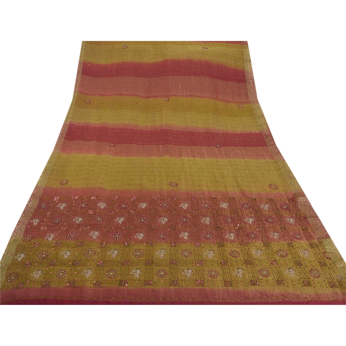 Sanskriti Vintage Green Sarees Georgette Hand Beaded Woven Craft Fabric Sari